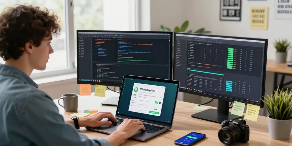 Dynamic workspace featuring WhatsApp網頁版 on laptop with coding elements, engaging atmosphere.