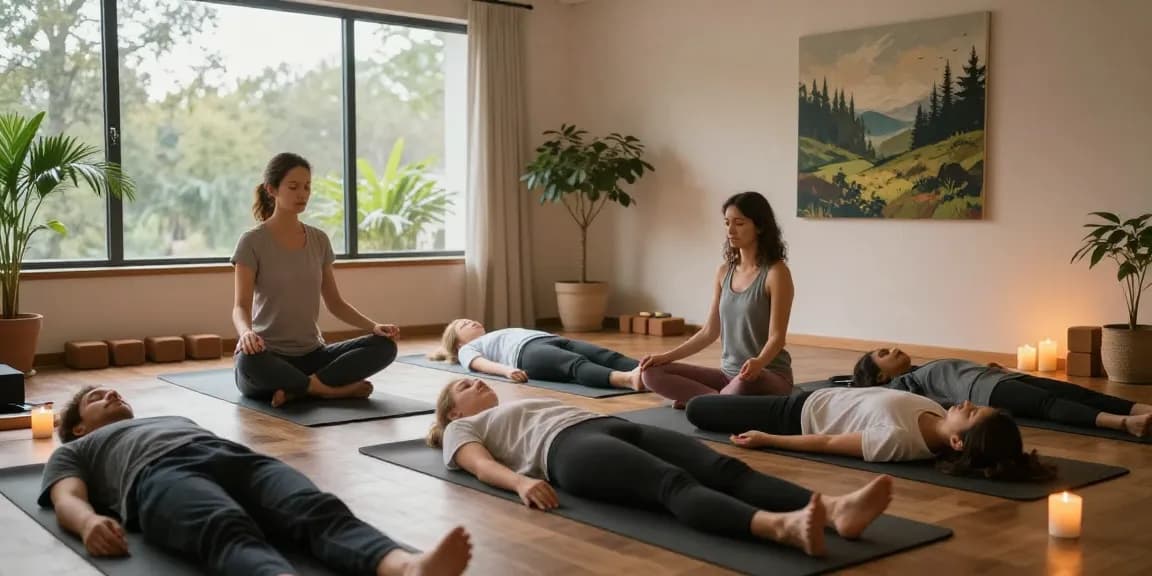 Mindful meditation session at koiaminos.com wellness studio, serene lighting and calming atmosphere