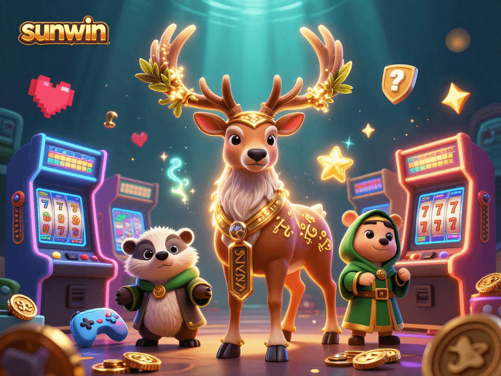 Experience the magic of sunwin casino with a vibrant scene of a druid stag and gaming elements.