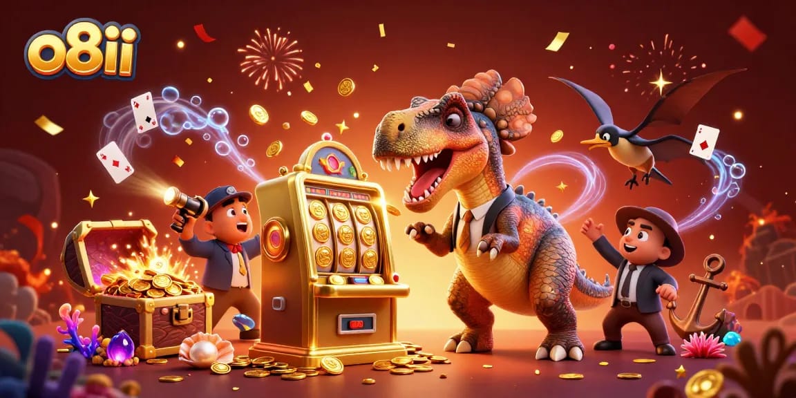 Experience the thrilling jackpot action at o8ii with a dinosaur-themed casino scene showcasing excitement and fun.