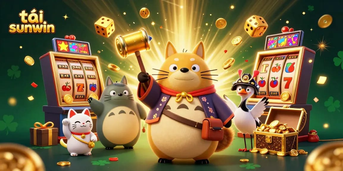 Experience the excitement of tải sunwin with colorful slot machines and joyous characters in a vibrant 3D scene.