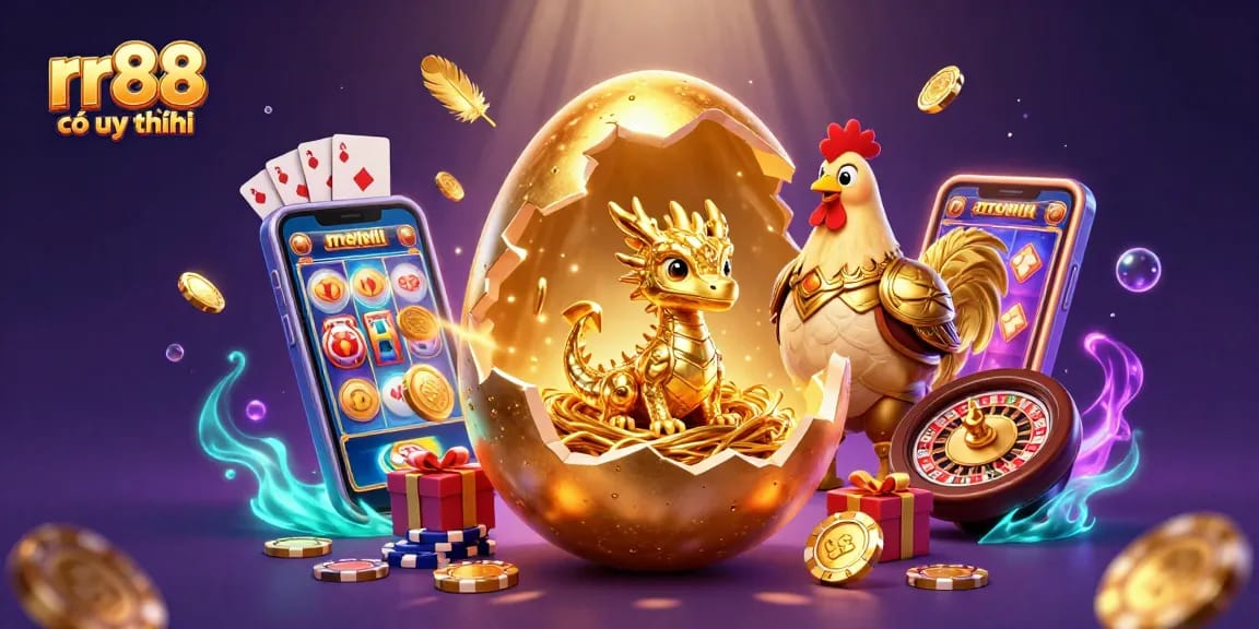 Experience the excitement at rr88 có uy tín with a golden dragon and poker chips amidst dynamic gaming elements.