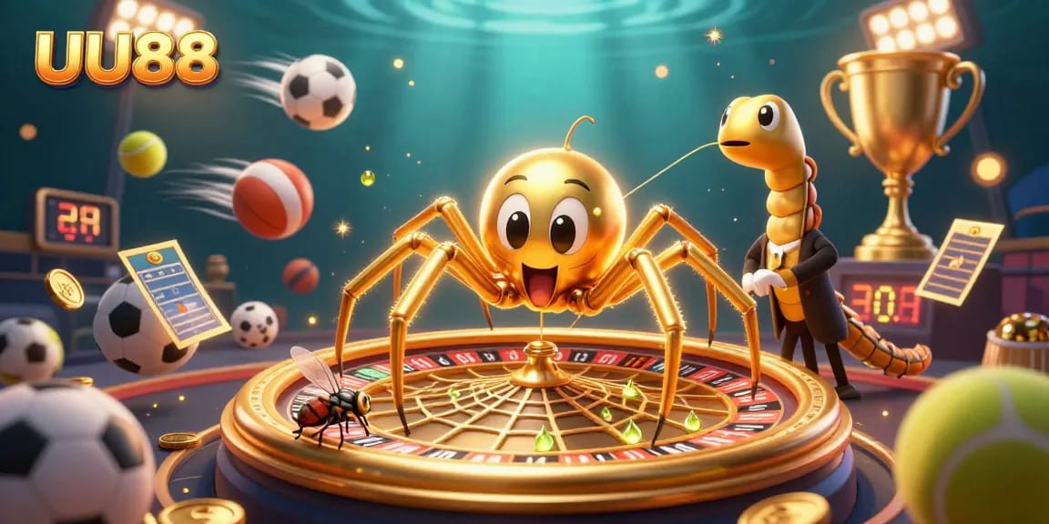 Experience thrilling action in UU88 with a golden roulette wheel, croupier, and vibrant sports elements.