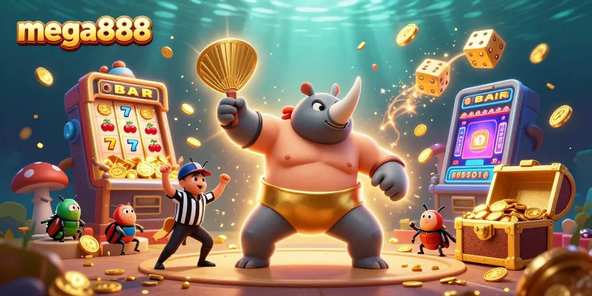 Win big with mega888 while a beetle stomps coins in a lively casino scene!
