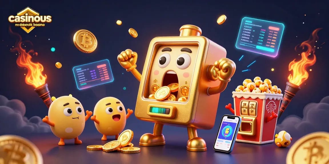 Casinous no deposit bonus casino illustrates a vibrant slot machine scene with coins and crypto elements.