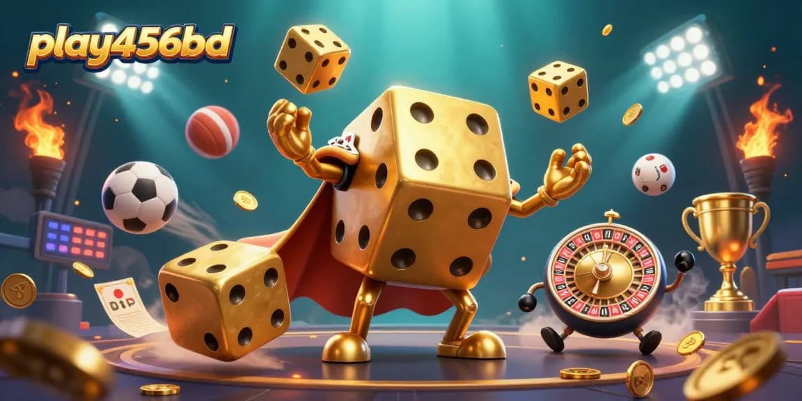 Engage in thrilling gameplay with play456bd's dynamic illustration of golden dice and sports elements.