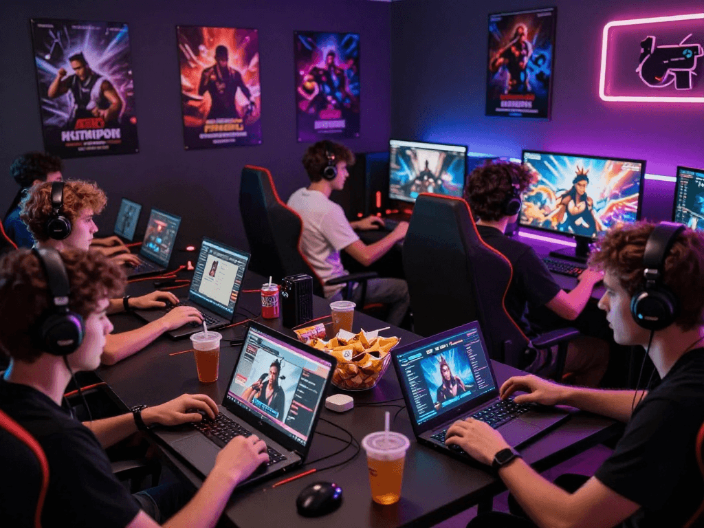 HTML porn game players enjoying diverse gaming experiences in vibrant gaming room.