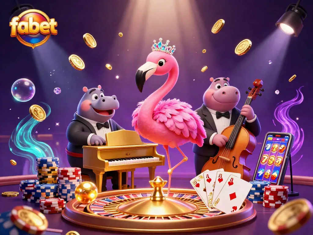 Experience vibrant fabet gaming with a flamingo and hippo amidst dazzling casino elements.