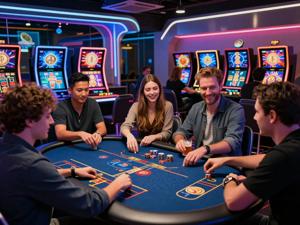Exciting and modern crypto casino scene with diverse players engaging in digital games and celebrating wins.