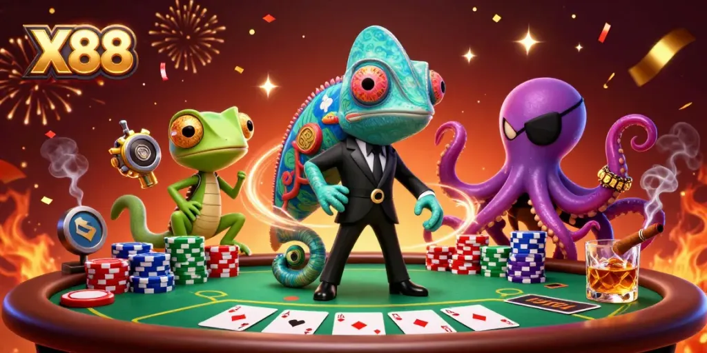 X88 showcases thrilling poker action with secret agents and a villainous octopus in an extravagant casino scene.