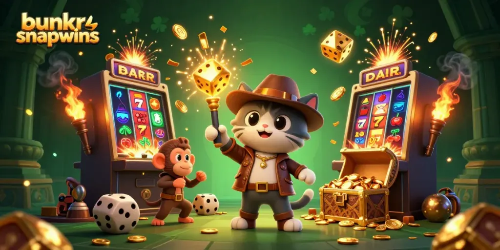 Engage in the vibrant scene of bunkr snapwins with a cat archaeologist discovering golden treasures amidst a casino explosion.