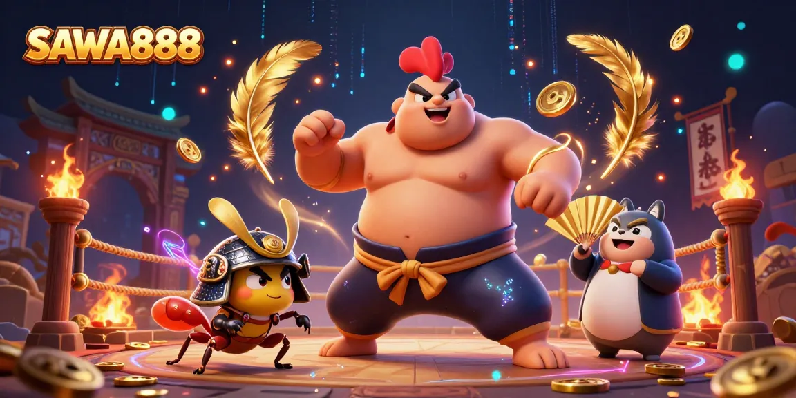 SAWA888 offers thrilling gaming experiences, with a fighting sumo rooster and dynamic action.