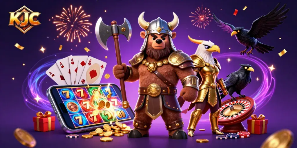 KJC showcases a dynamic 3D casino scene with vibrant characters and slot gaming elements.