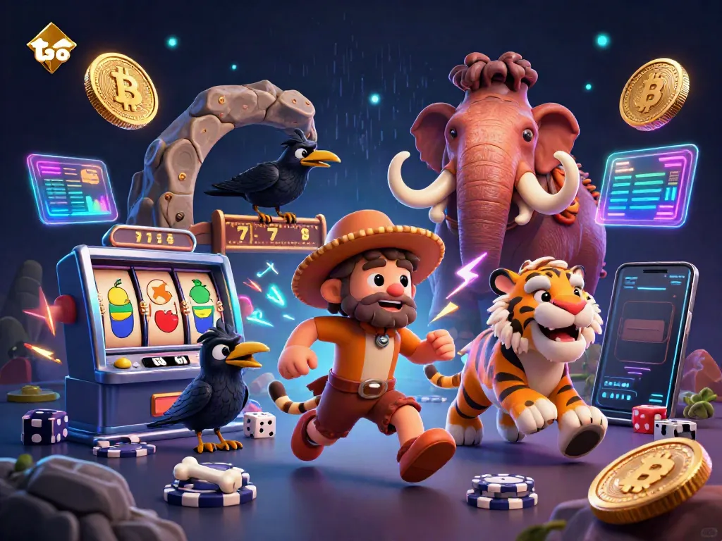 Experience thrilling toto casino excitement with a playful caveman and sabertooth duo in a vibrant prehistoric setting.