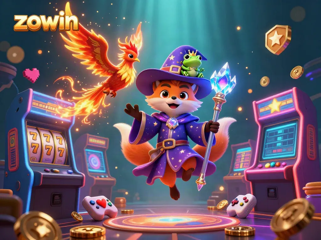 Zowin's vibrant casino-themed illustration, featuring a wizard fox and phoenix with slot reels and coins, showcasing winning excitement.