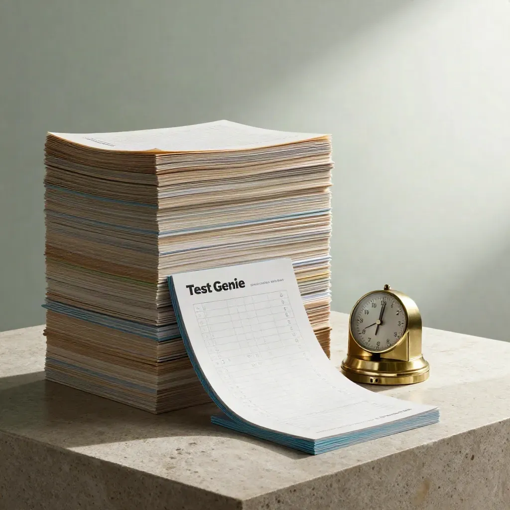 Monumental exam booklets, answer-key tins, brass timer and template cards on a pale stone plinth.
