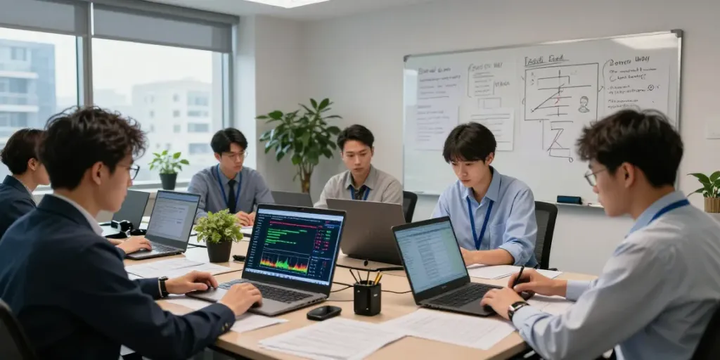 Team conducting a detailed crypto scam investigation in a professional office setting.
