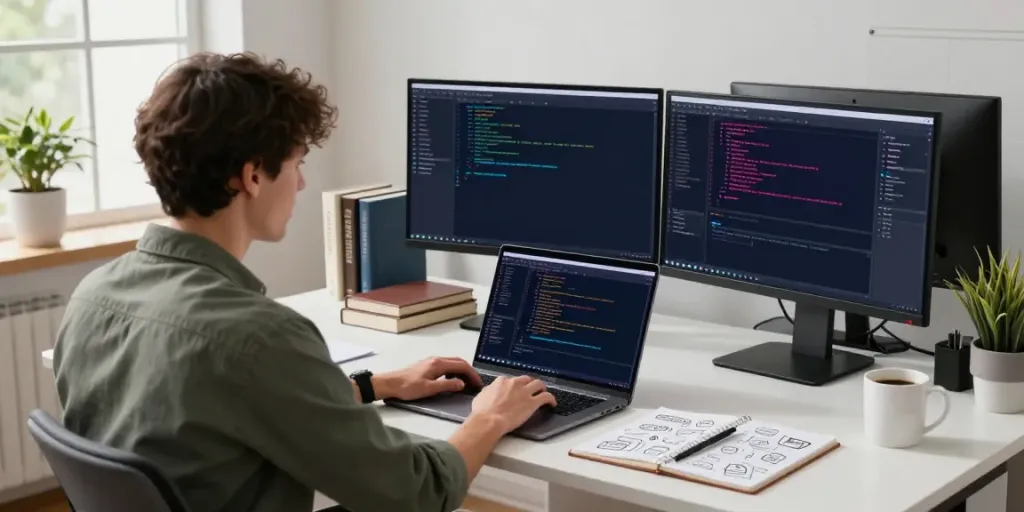 Developer using instant indexing tools on dual monitors in a modern workspace.