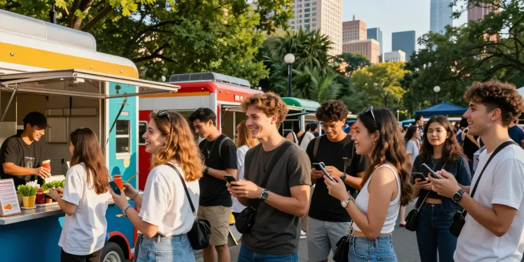 Group of friends enjoying street food, check these guys out in vibrant urban park.