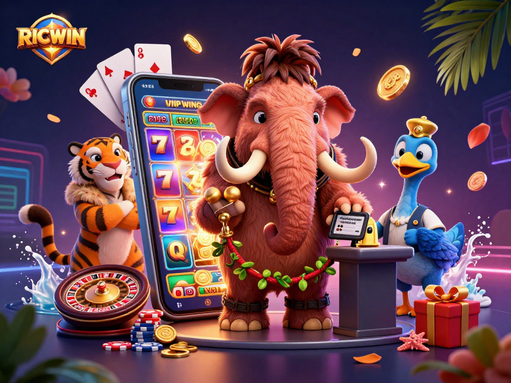 Experience the vibrant 3D world of RICWIN featuring colorful slot games and lively characters.