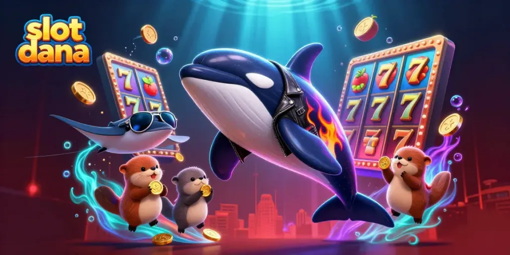 Engage with slot dana featuring a jumping orca, stingray, and otters with coins in a vibrant casino scene