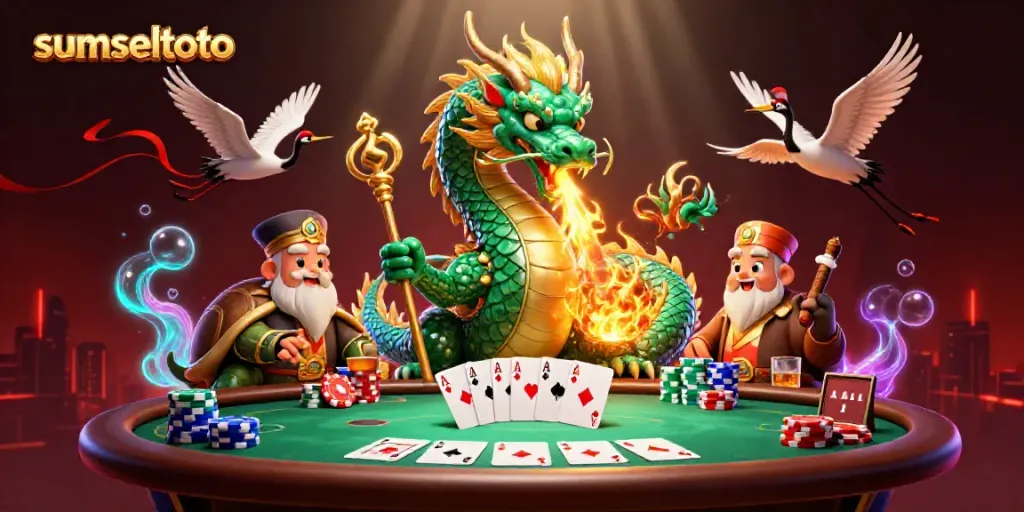 Experience thrilling gameplay with sumseltoto depicting a dragon, sage, and cranes at a vibrant poker table.