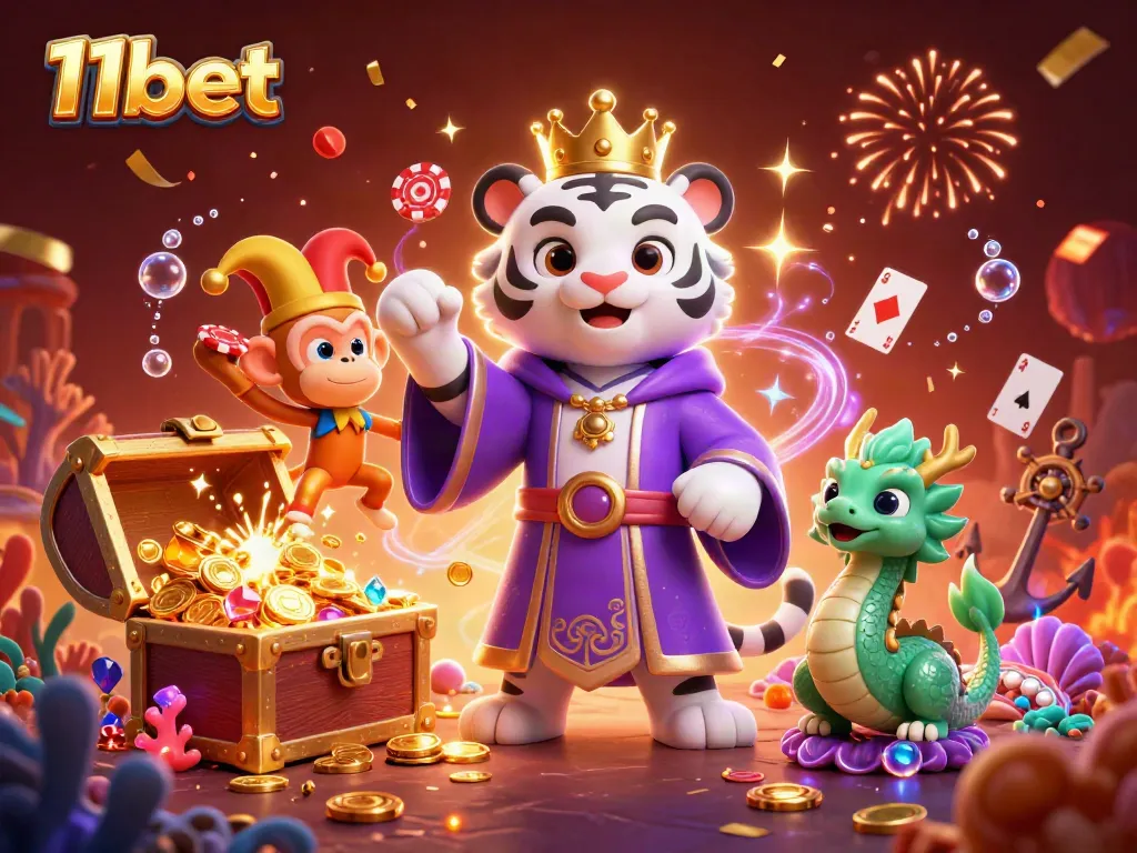 11bet showcases an exciting casino scene with a royal tiger, monkey, and dragon amidst sparkling treasures and fireworks.