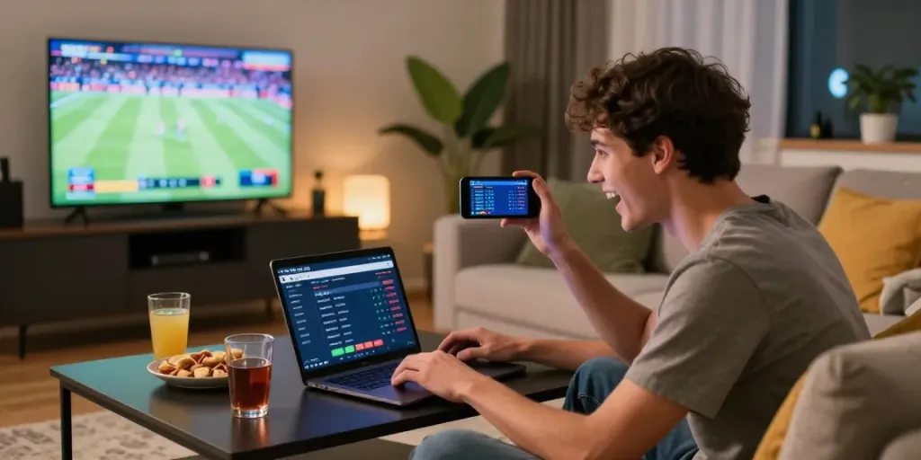 Engaging online betting with 11bet-app.net in a cozy living room setting.