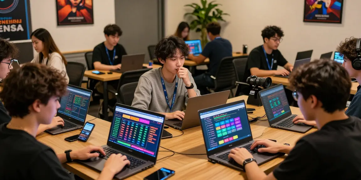 Engaging online gambling community discussing 토토사이트 검증 먹튀스팟 with laptops in a lively atmosphere.