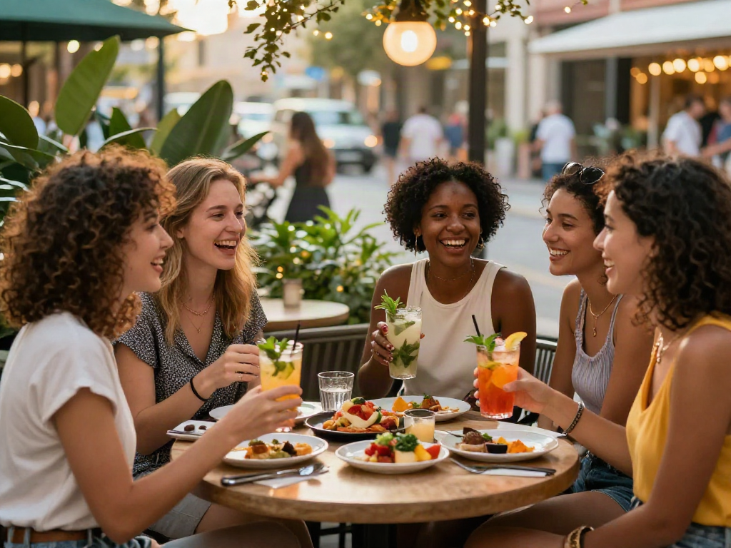 Friends enjoying a lively spicy chat at a vibrant café during golden hour.