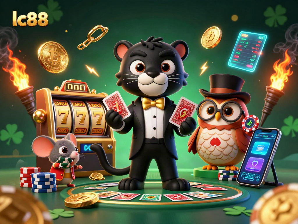 Engage with lc88 game strategies in this vibrant casino illustration featuring dynamic characters.