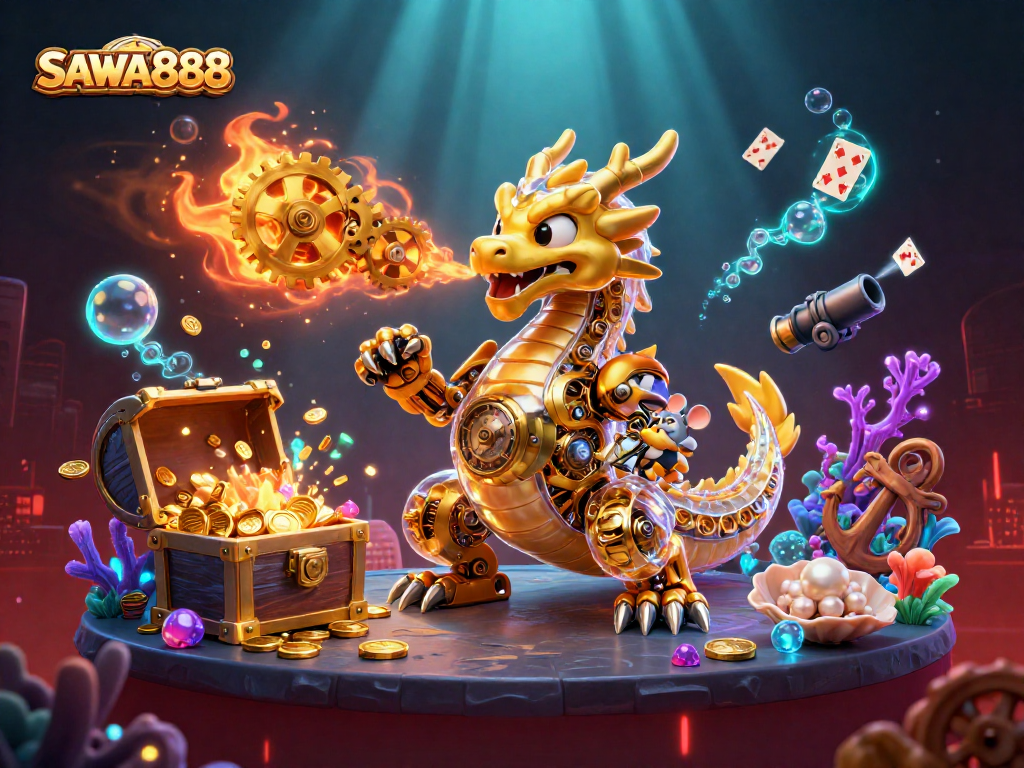 Engage in thrilling gameplay at SAWA888 with an energetic 3D scene of a golden dragon and treasure!