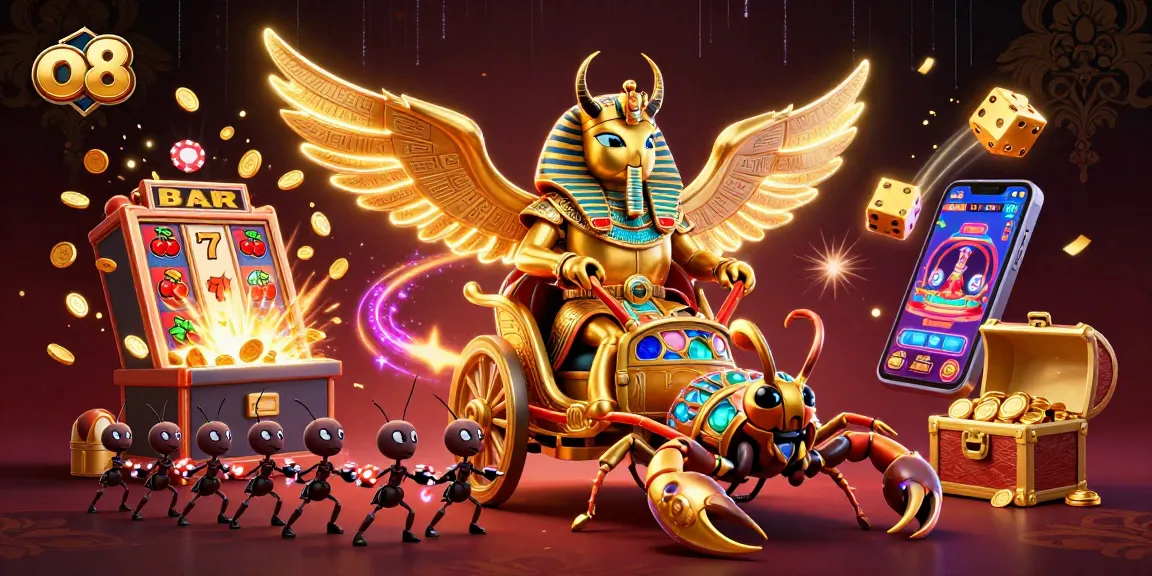 Win with o8's thrilling casino games and mega jackpots surrounded by gold and excitement.