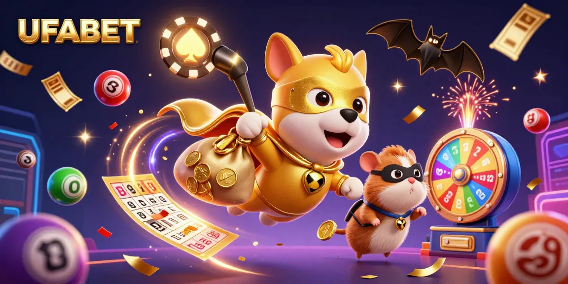 Win big with UFABET in this vibrant 3D casino adventure illustration featuring fun characters and gambling elements.