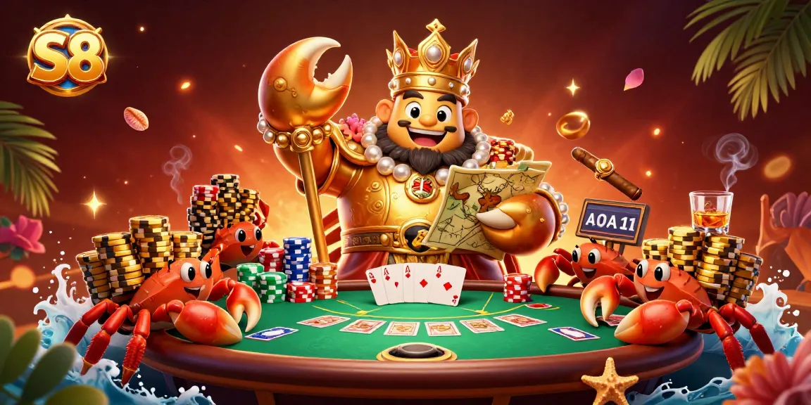 S8 vibrant online casino atmosphere featuring a golden crab emperor amidst poker elements and exciting gameplay.