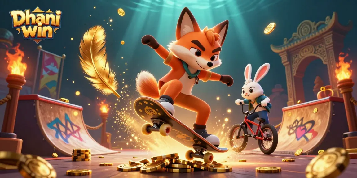 Dhani win offers an exciting gaming experience featuring vibrant characters performing stunts in a dynamic casino scene.