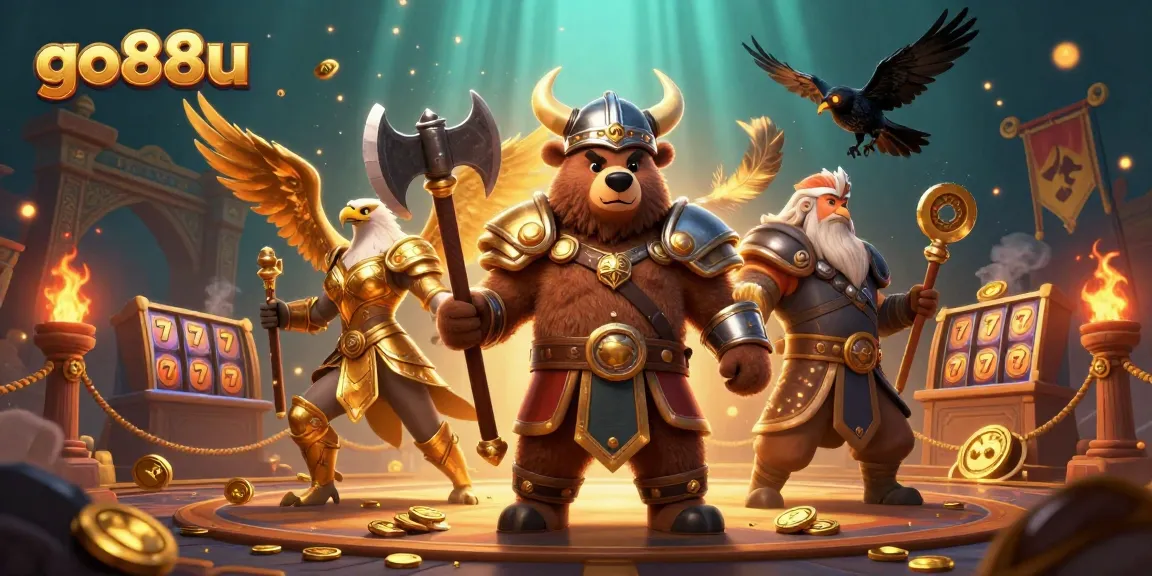 Join the excitement of go88u as gaming characters battle amidst vibrant slot machines and golden treasures.