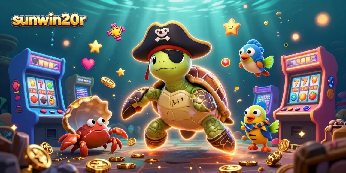 Engage in thrilling gameplay with sunwin20r, featuring a vibrant pirate turtle scene amidst casino treasures.