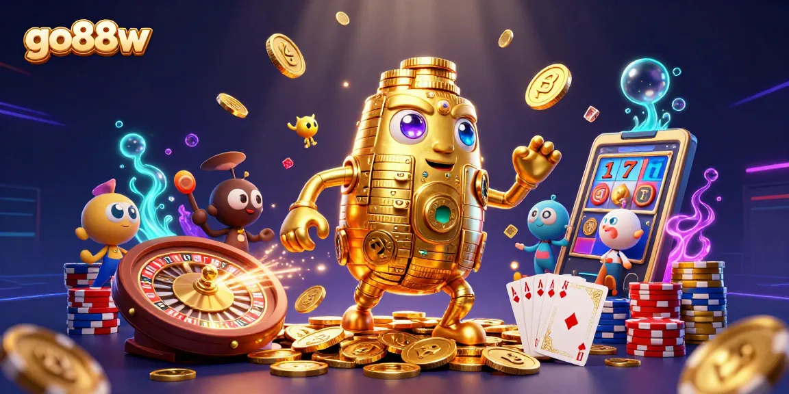 Experience thrilling gameplay at go88w with a golden golem surrounded by casino elements and vibrant effects.