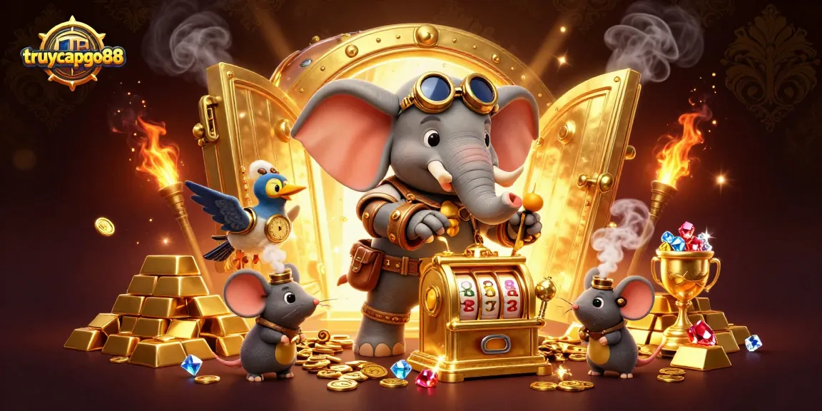 Experience excitement at truycapgo88 with 3D cartoon characters operating golden slots amidst treasures.