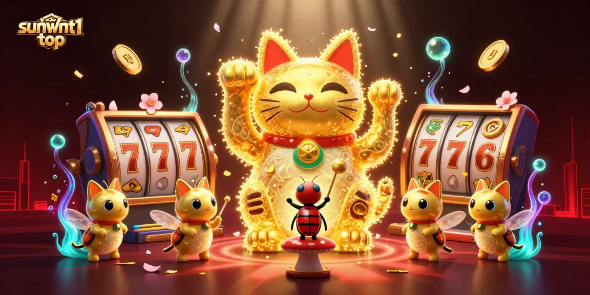 Experience the excitement of gaming with sunwint1 top's giant lucky cat and vibrant casino symbols in motion.