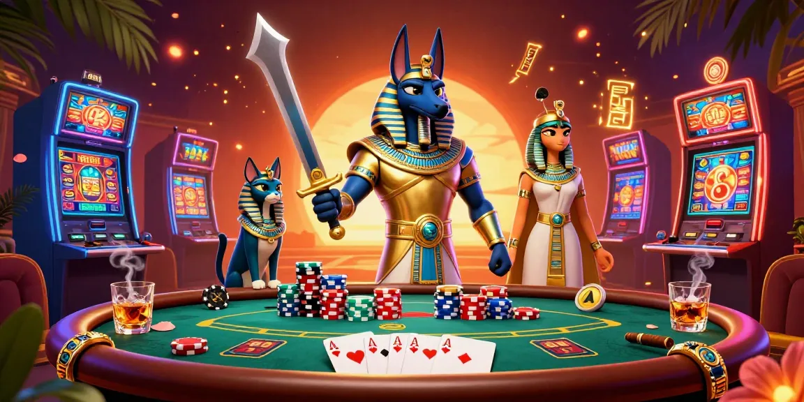 Experience exciting games at sunwin casino with Anubis and Bastet among vibrant slot machines.